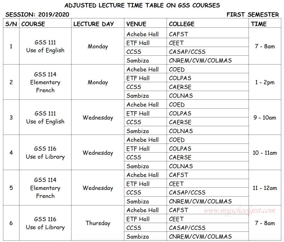 mouau GSS lecture timetable
