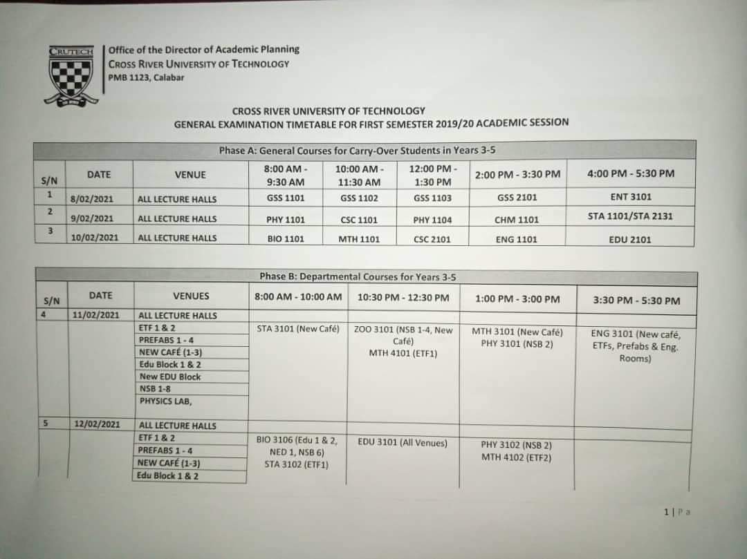 CRUTECH Exam Timetable