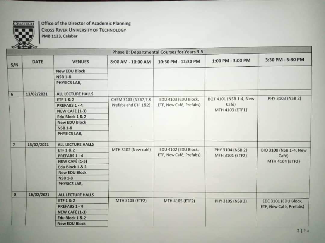 CRUTECH Exam Timetable 1