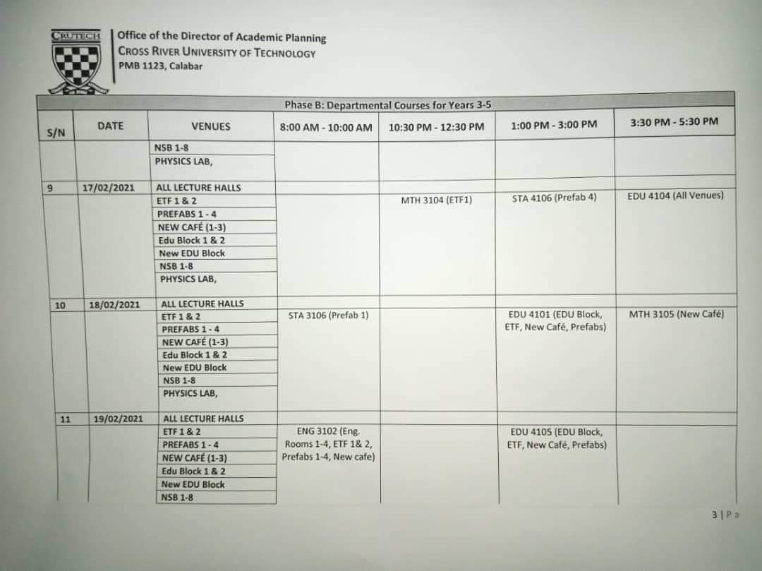 CRUTECH Exam Timetable