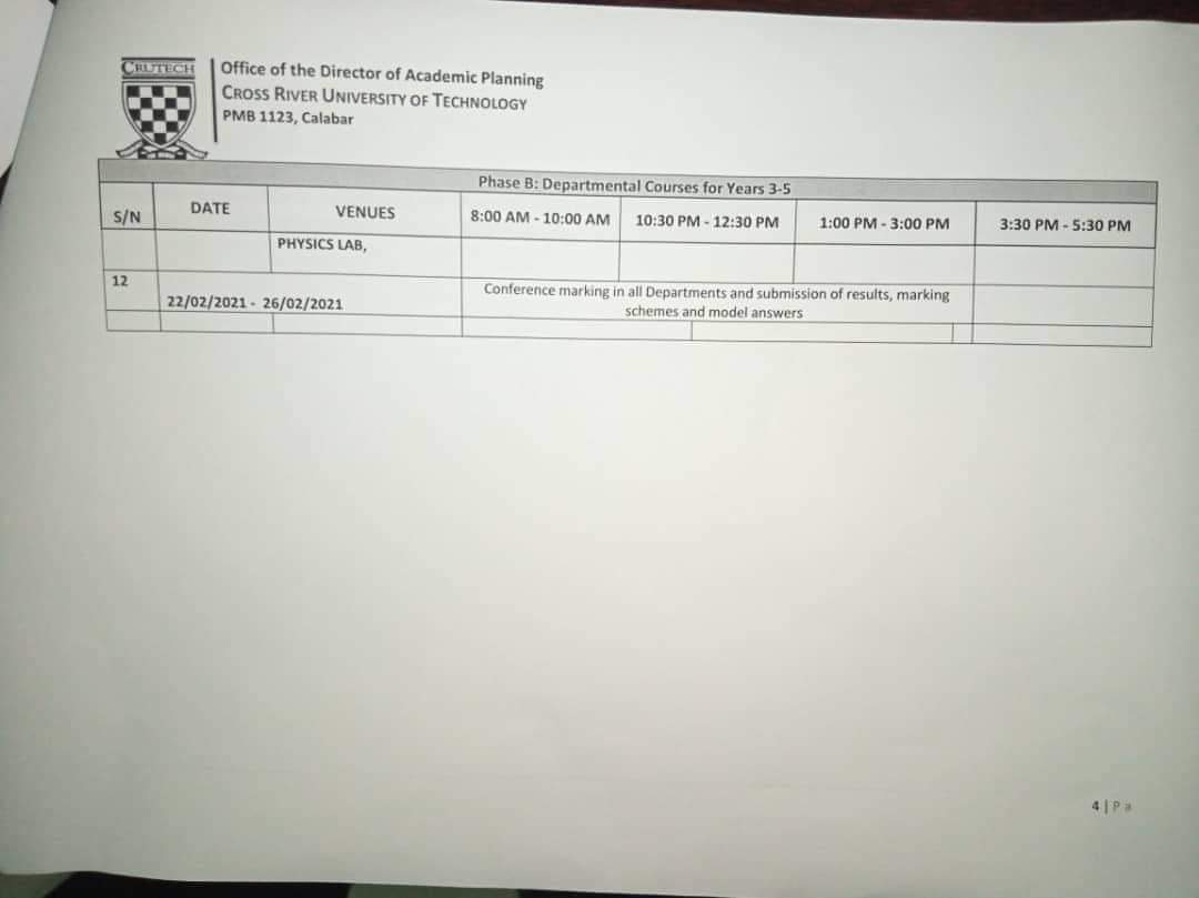 CRUTECH Exam Timetable