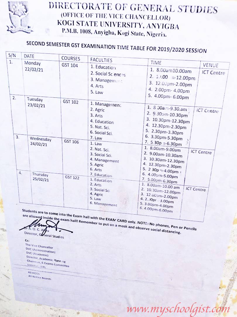 KSU GST Examination Timetable for 2nd Semester 2019:2020