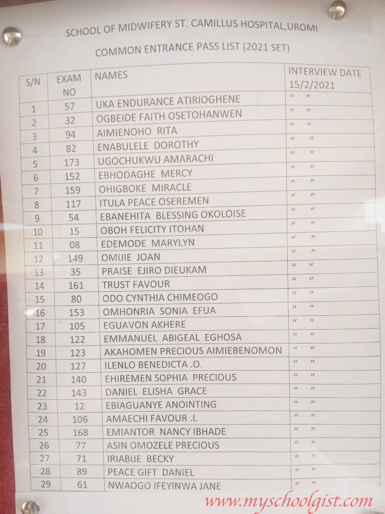St. Camillus Hospital Uromi School of Midwifery Entrance Exam Pass List, Interview Date