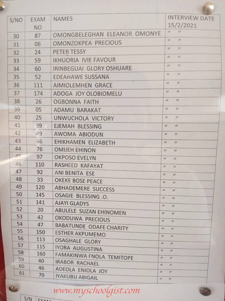 St. Camillus Hospital Uromi School of Midwifery Entrance Exam Pass List, Interview Date