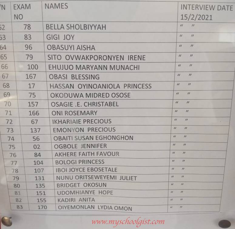 St. Camillus Hospital Uromi School of Midwifery Entrance Exam Pass List, Interview Date