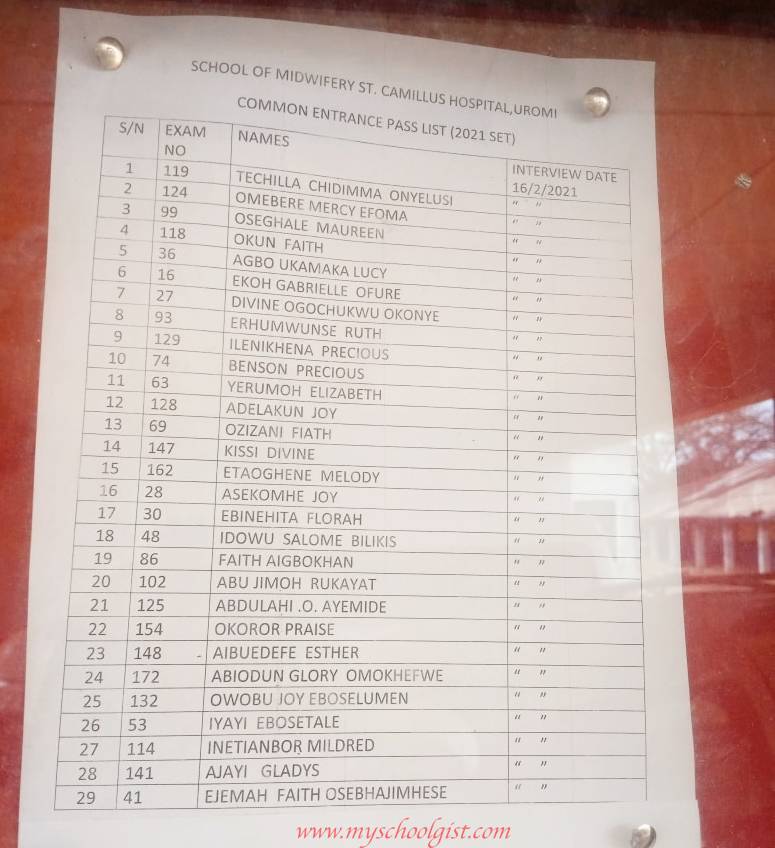 St. Camillus Hospital Uromi School of Midwifery Entrance Exam Pass List, Interview Date