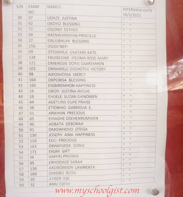 St. Camillus Hospital Uromi School of Midwifery Entrance Exam Pass List, Interview Date