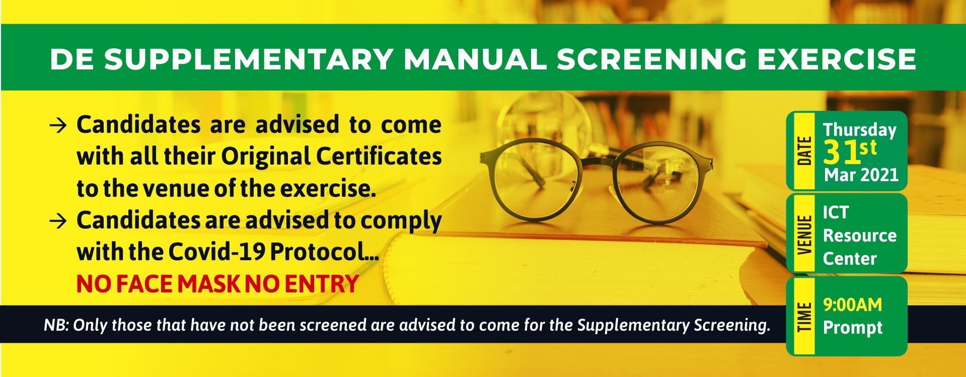 MOUAU Supplementary Direct Entry Manual Screening Exercise Schedule