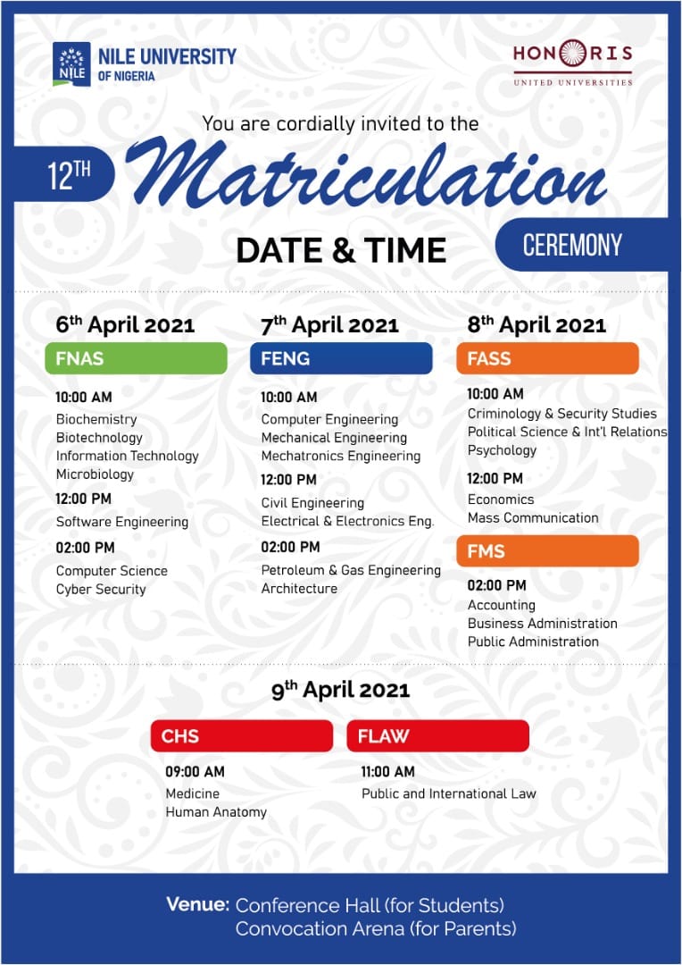 Nile University Matriculation Ceremony Schedule 2021