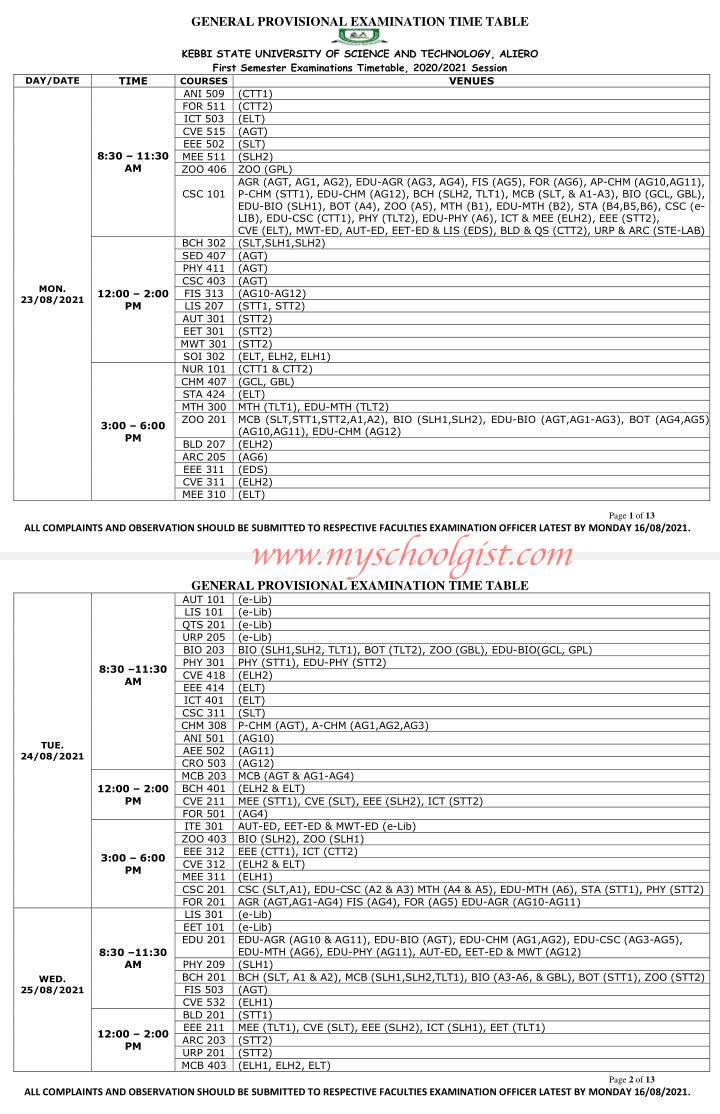 Kebbi State University of Science and Technology, KSUSTA first semester, 2020:2021 academic session examination commencement date and timetable