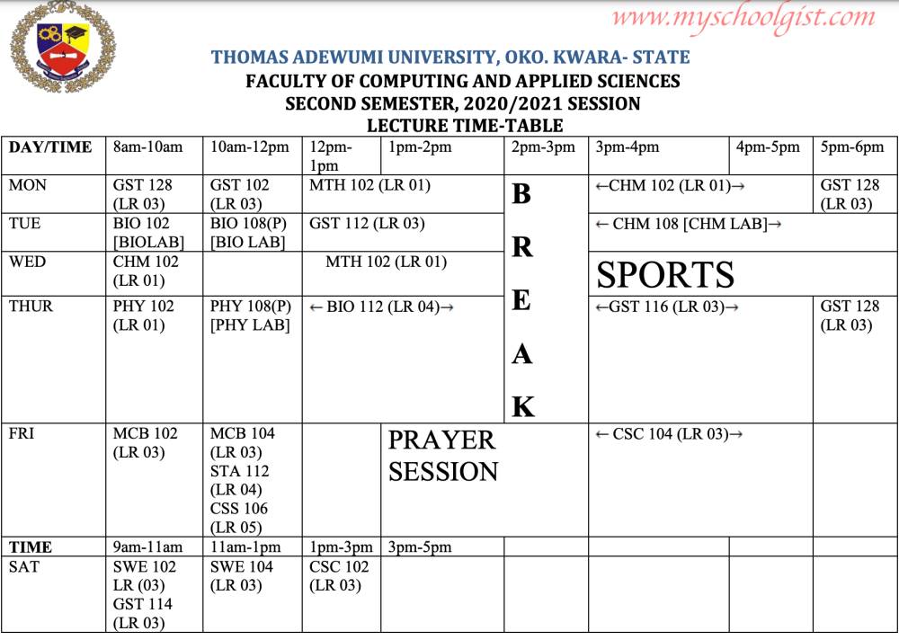 Thomas Adewumi University Lecture Timetable for 2nd Semester 2020:2021
