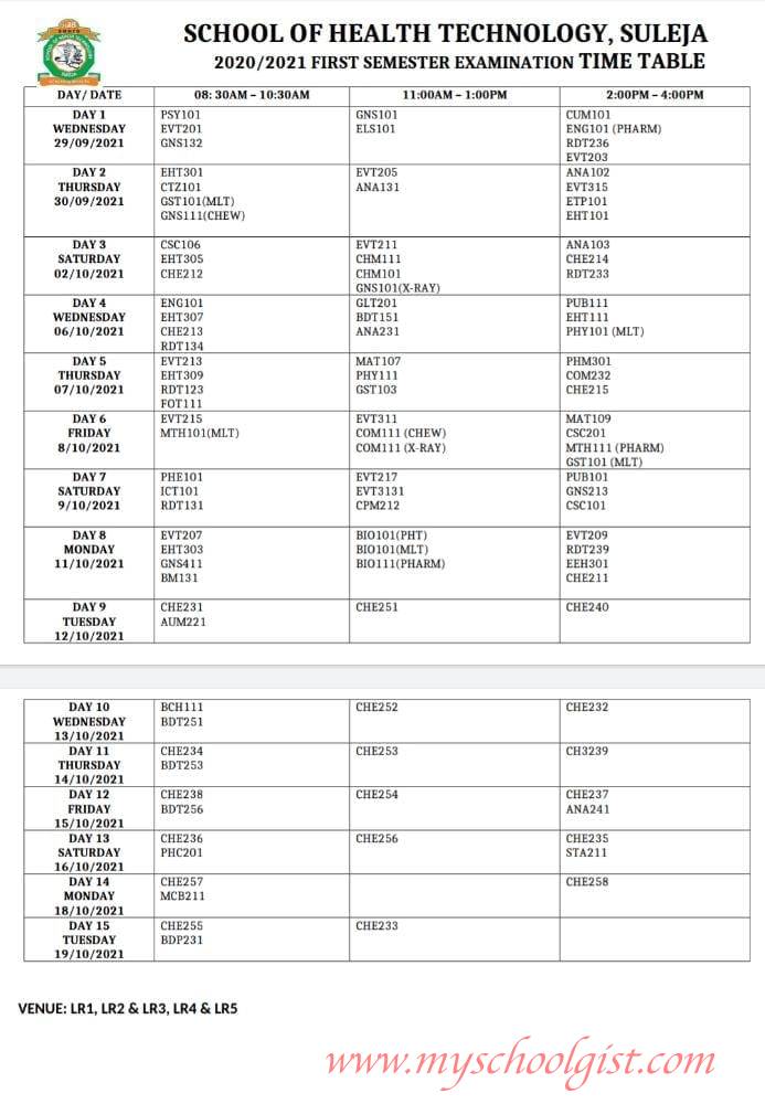 School Of Health Technology Suleja Examination Timetable - 1st semester