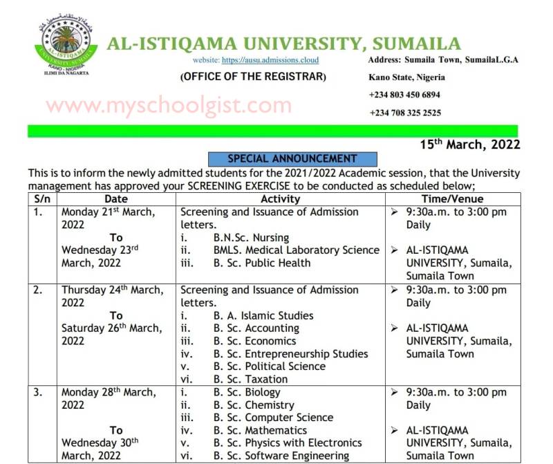 Al-Istiqama University Screening Schedule