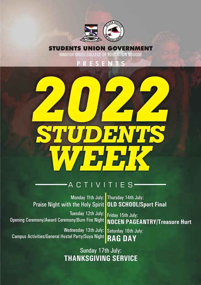 Nwafor Orizu College of Education Nsugbe (NOCEN) Students' Week Schedule 2022