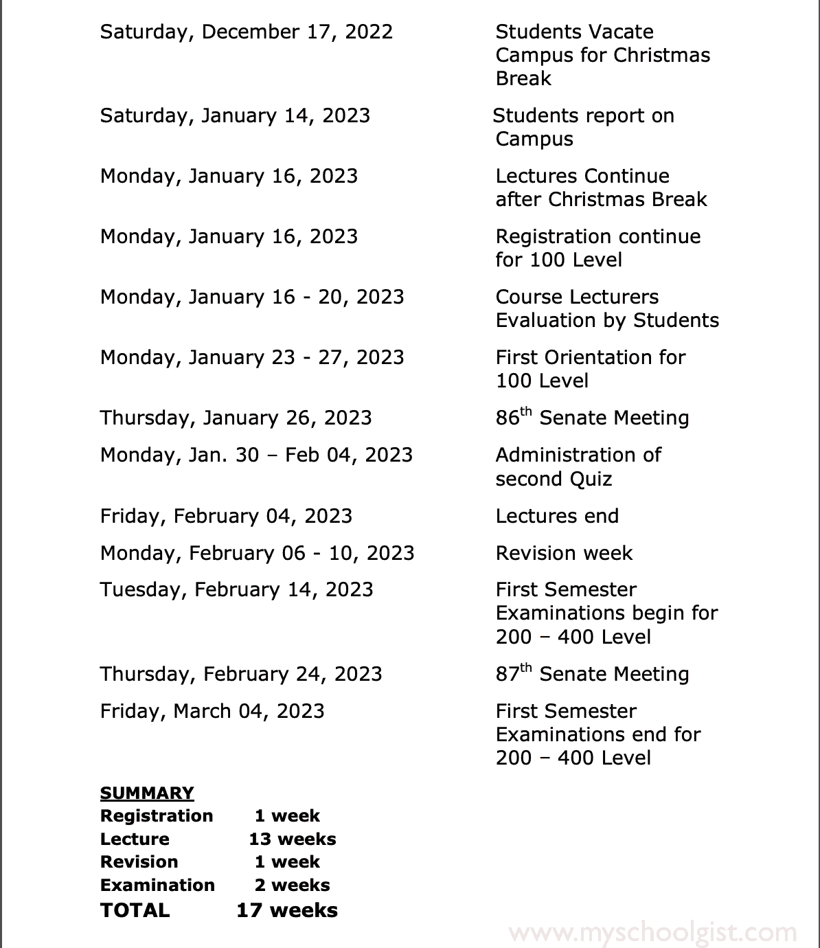 Evangel University Akaeze (EUA) Academic Calendar 2022-2023