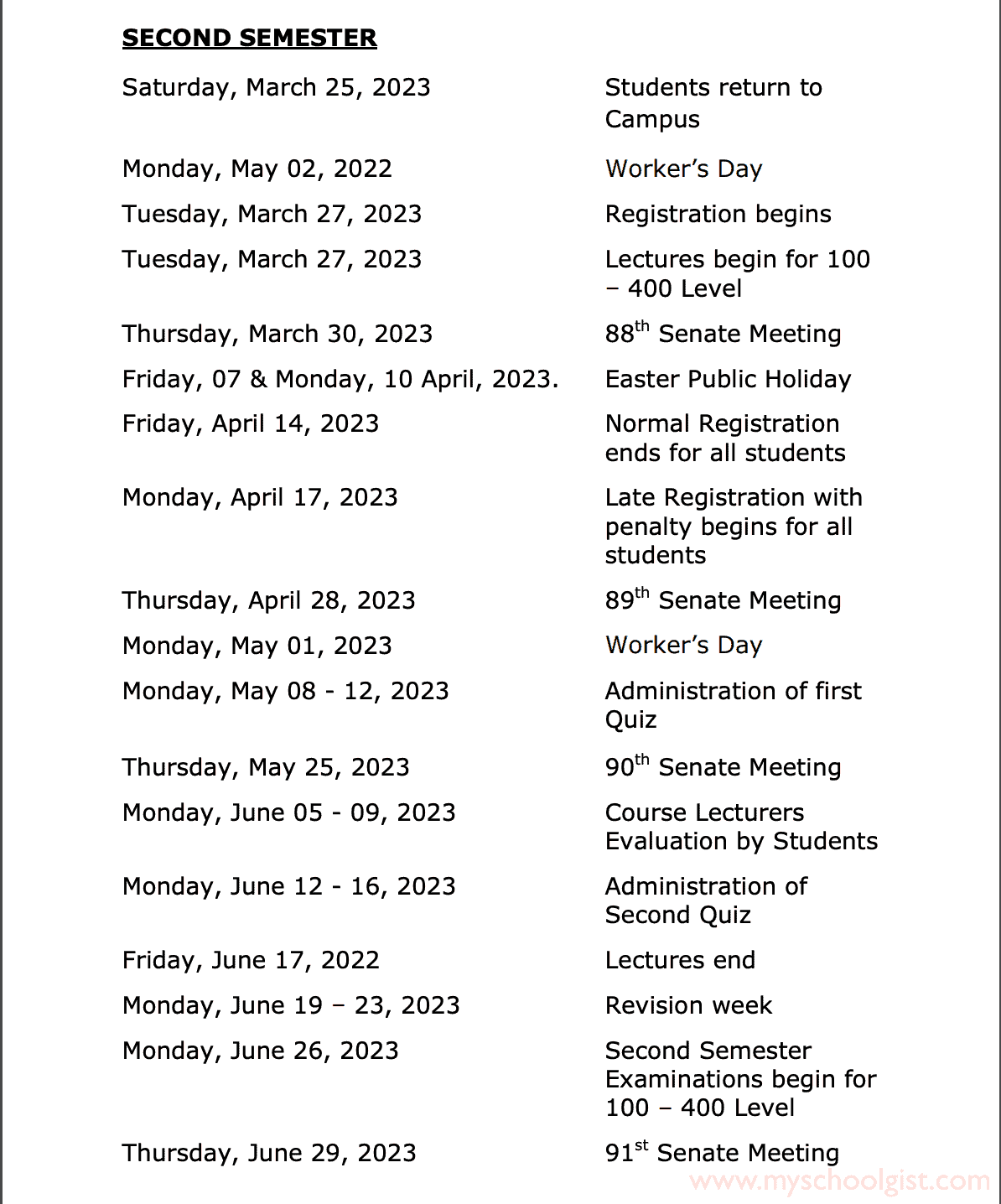 Evangel University Akaeze (EUA) Academic Calendar 2022-2023
