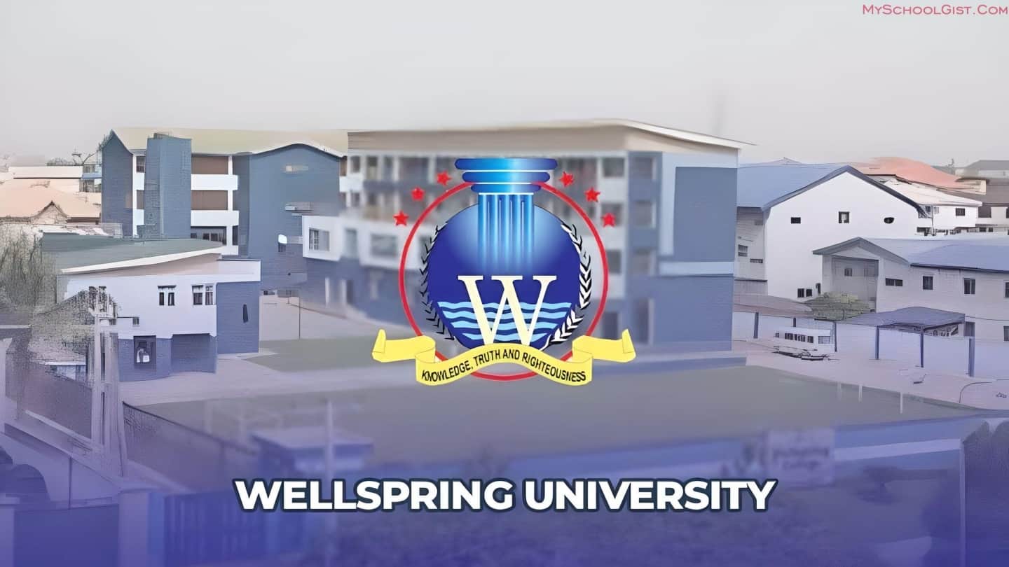 High-quality image of Wellspring University campus showcasing modern buildings and university logo.
