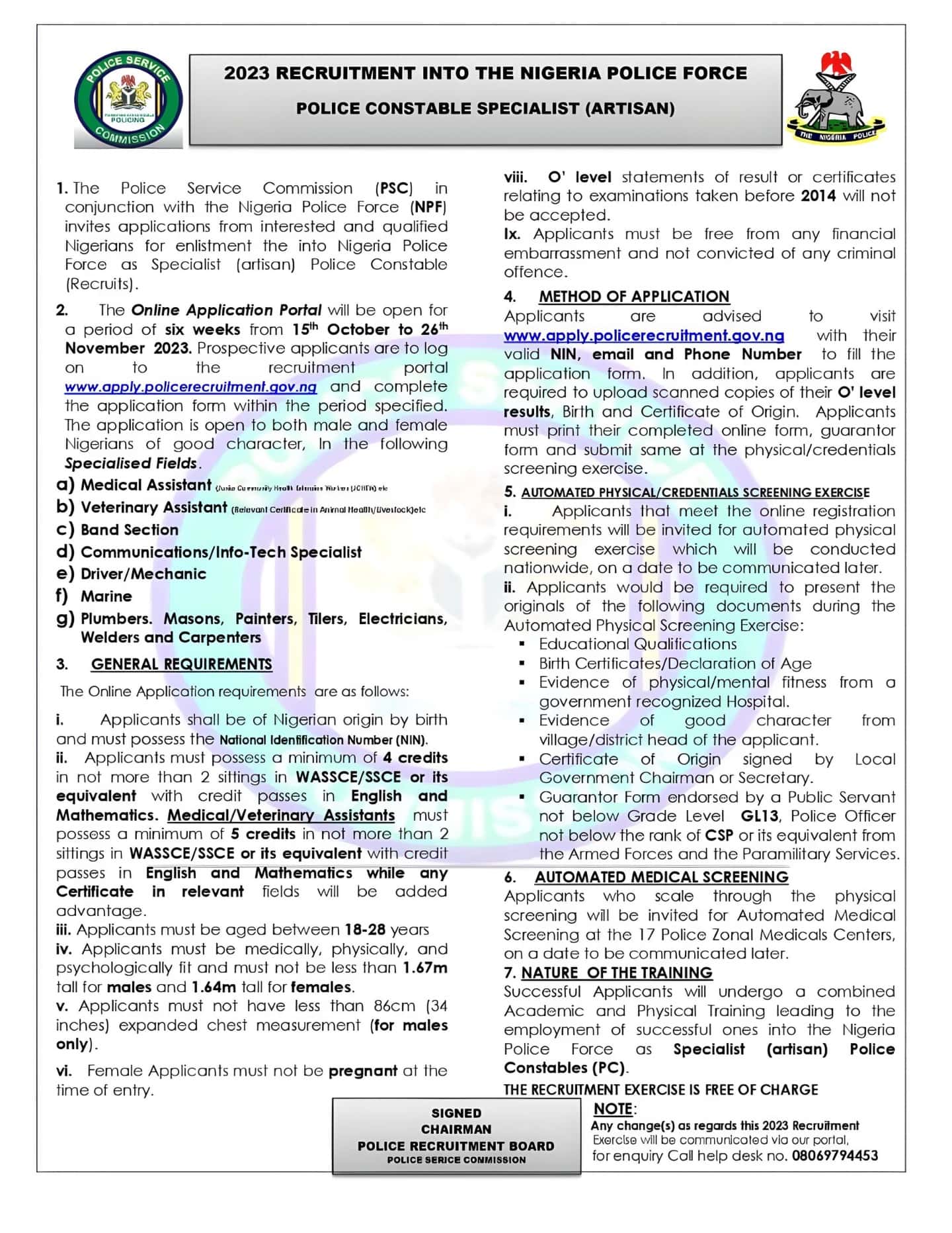 Nigeria Police Force (NPF) Nationwide Police Constable Speacialist (Artisan) Recruitment 2023