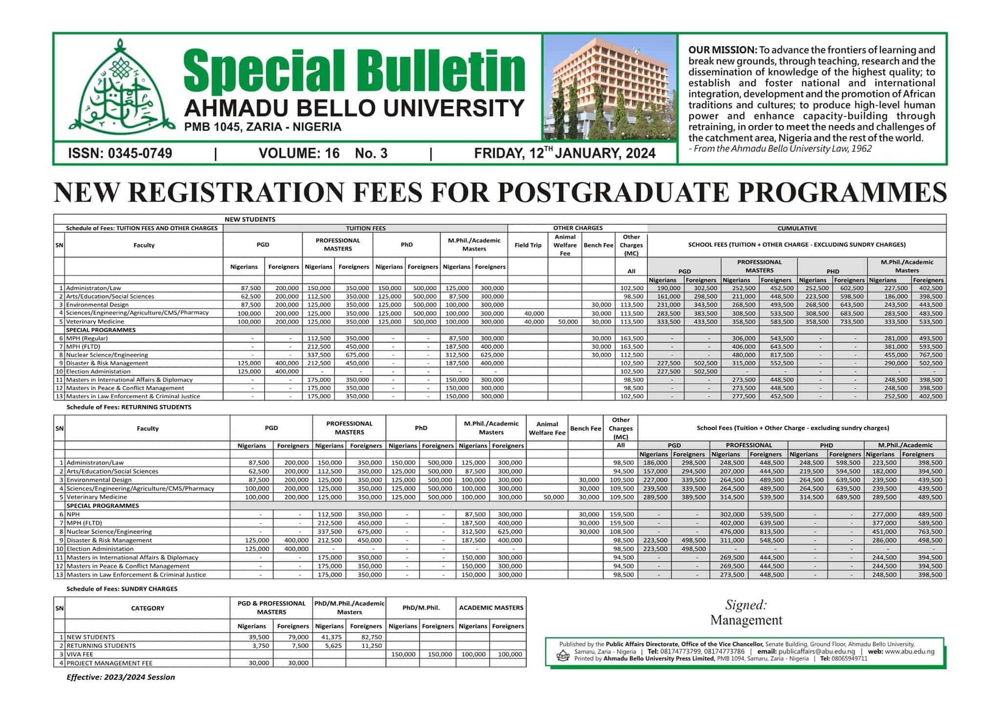 ABU Postgraduate Detailed Fee Structure