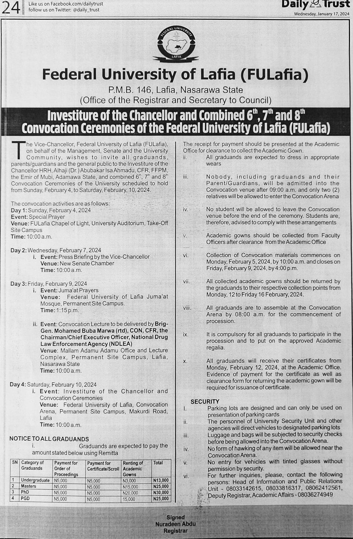 Investiture of the Chancellor and Combined 6 7 and 8 Convocation ceremonies of the Federal University of Lafia (FULafia)