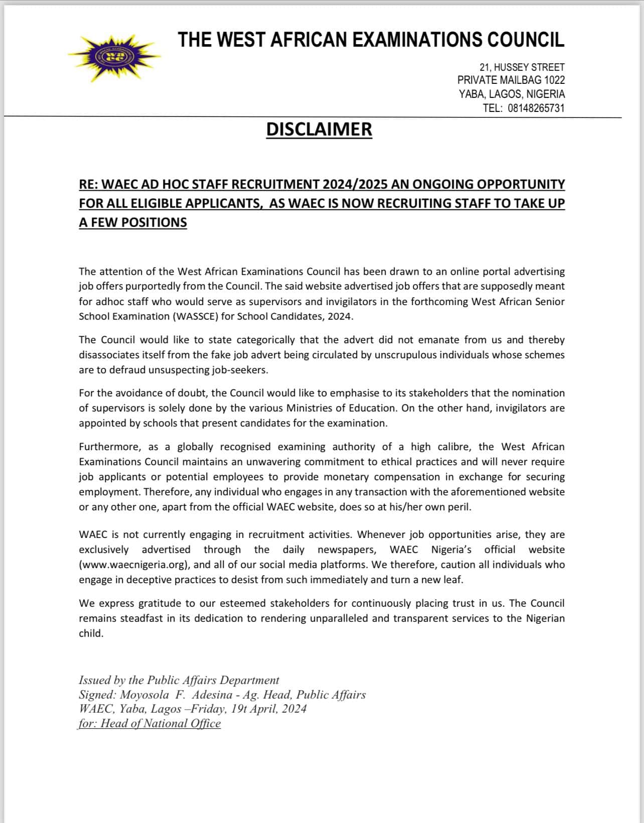 WAEC JOB Scam