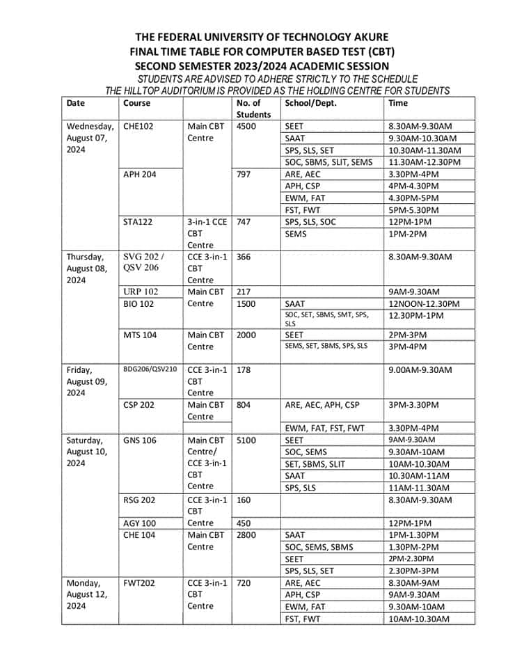 FUTA Computer Based Exam Timetable 2nd semester 2023-2024 - page 1