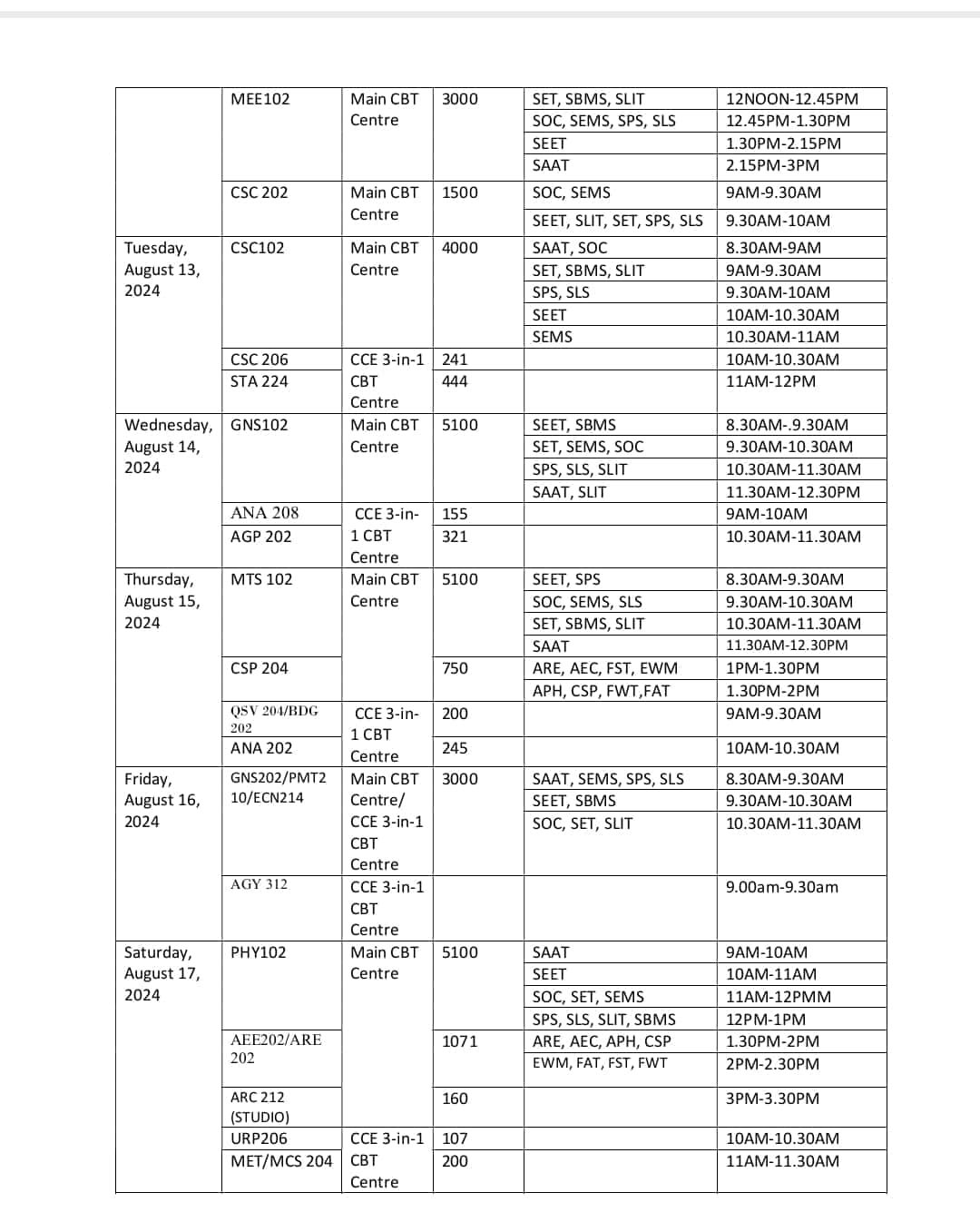 Second page of FUTA Computer Based Exam Timetable 2nd semester 2023-2024