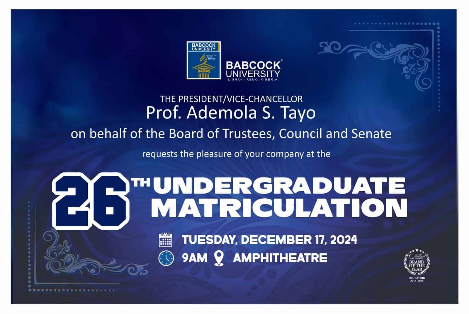 Babcock University Announces 26th Undergraduate Matriculation Ceremony
