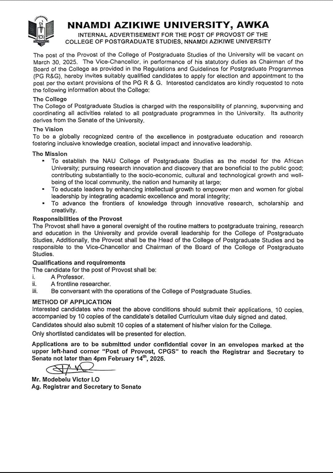 UNIZIK Recruitment for Provost of the College of Postgraduate Studies