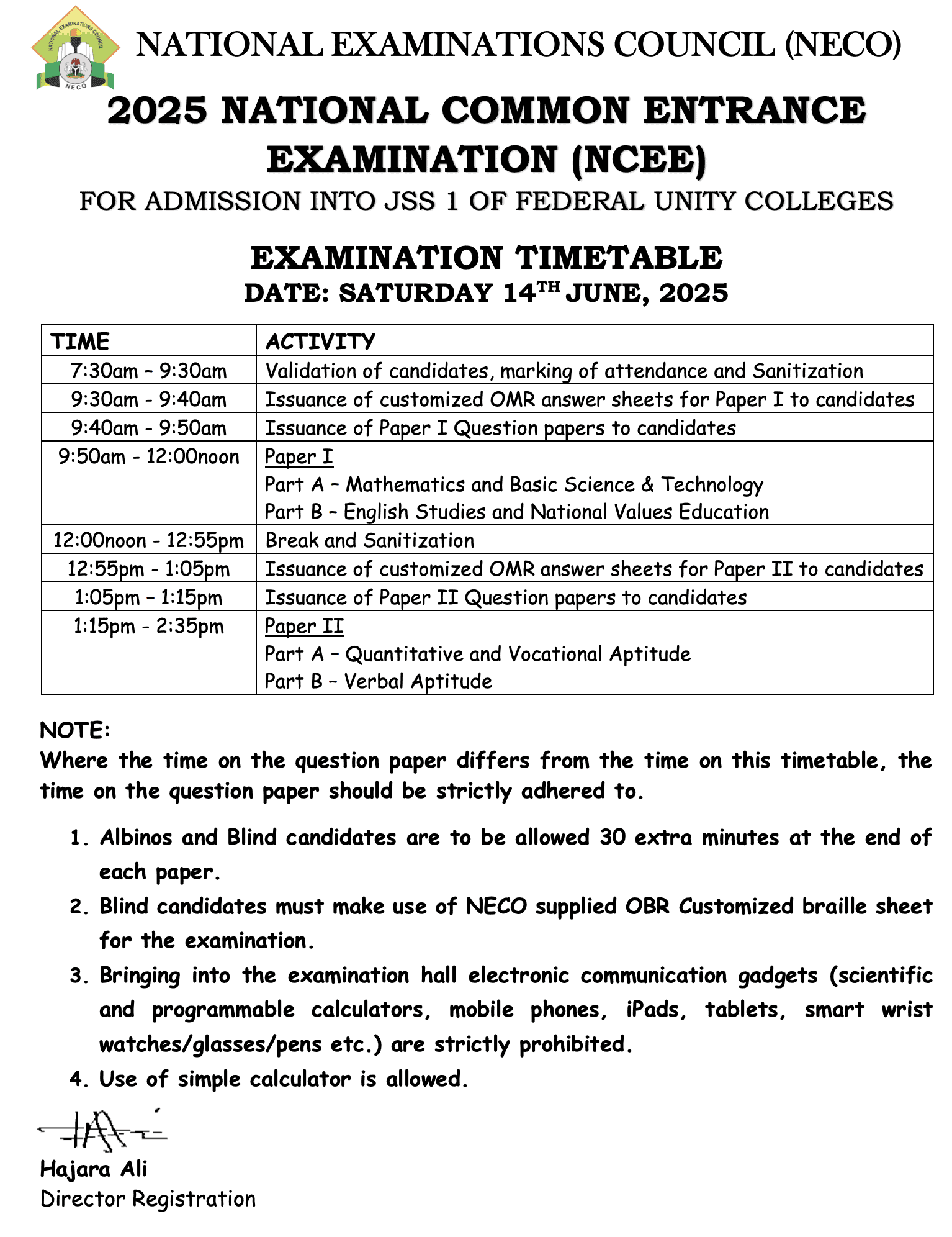 National Common Entrance Examination (NCEE) Timetable 2025