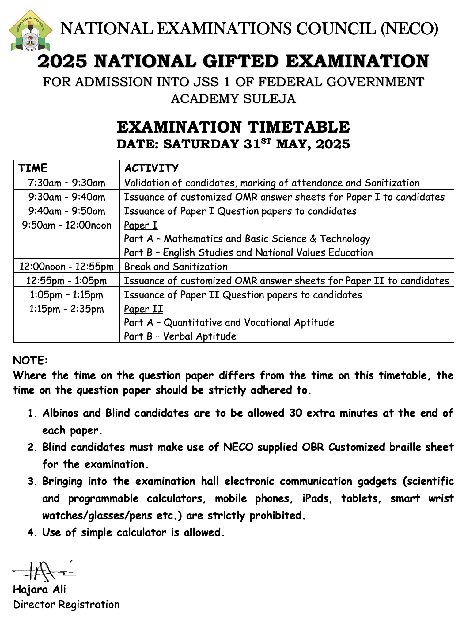 Federal Government Academy Suleja (GIFTED) Exam Timetable 2025