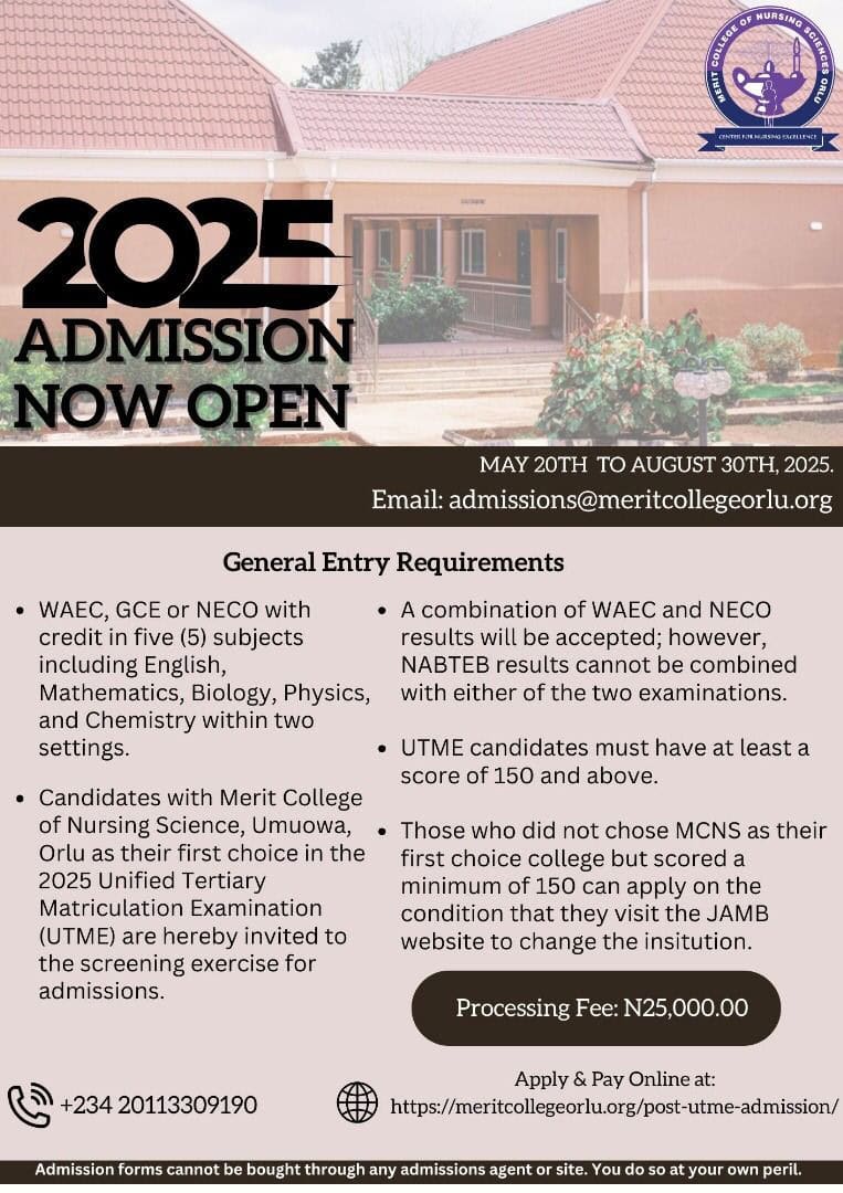 Merit College of Nursing Sciences, Orlu (MCNS) Post UTME Form for 2025:2026
