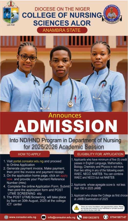 College of Nursing Sciences Alor (CONSALOR) Post UTME Form for 2025:2026 ND:HND Nursing Admission