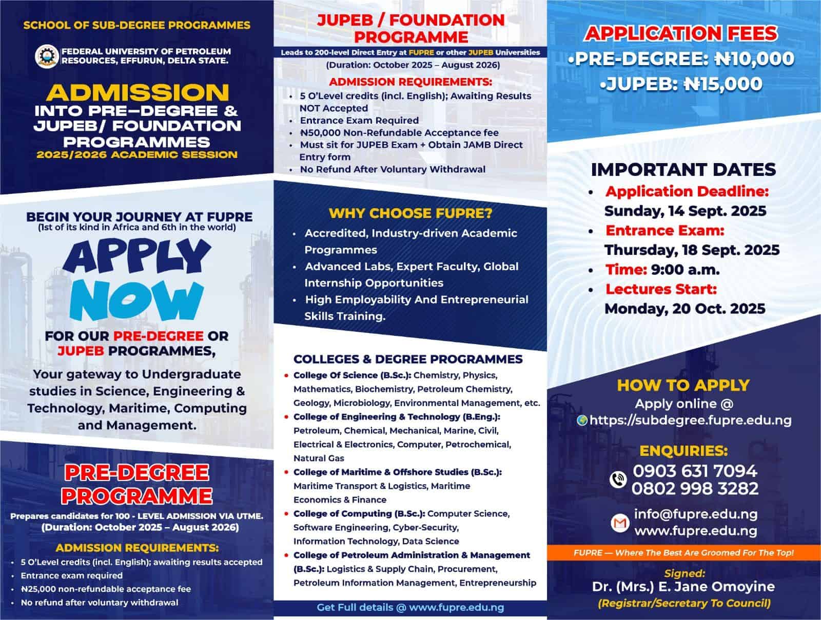 Federal University of Petroleum Resources, Effurun (FUPRE) Pre-Degree Admission Form for 2025/2026 Academic Session