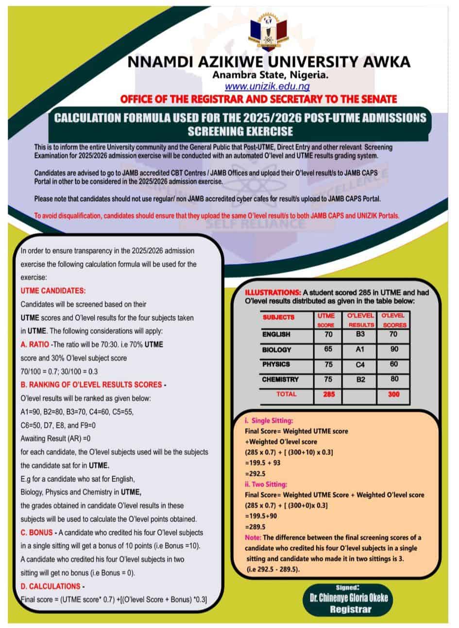 Nnamdi Azikiwe University, Awka (UNIZIK) Calculation Formula for 2025/2026 Post UTME Admission Screening