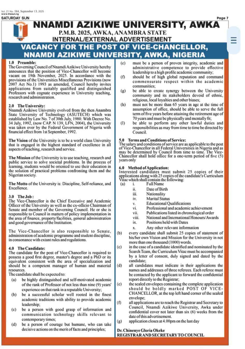 UNIZIK Vacancy for Vice-Chancellor, Applications Now Open