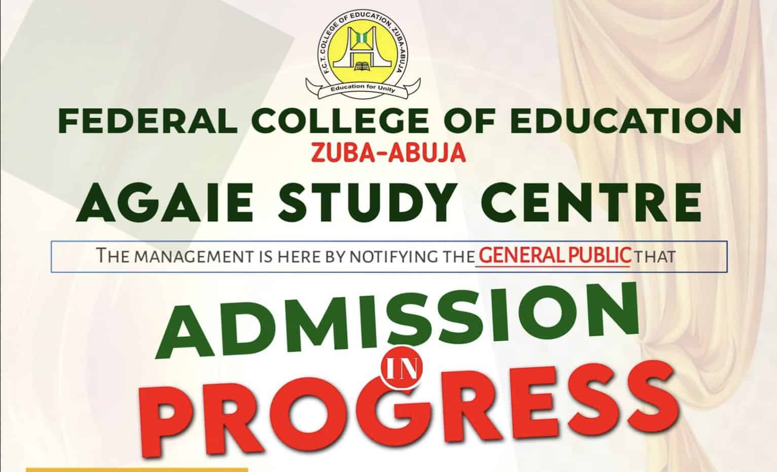 FCT College of Education, Zuba (Agaie Study Centre) Admission Form for 2025/2026 Academic Session