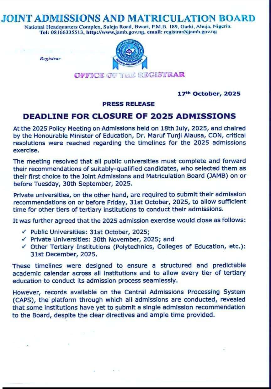 JAMB 2025 Admission Deadline for Tertiary Institutions