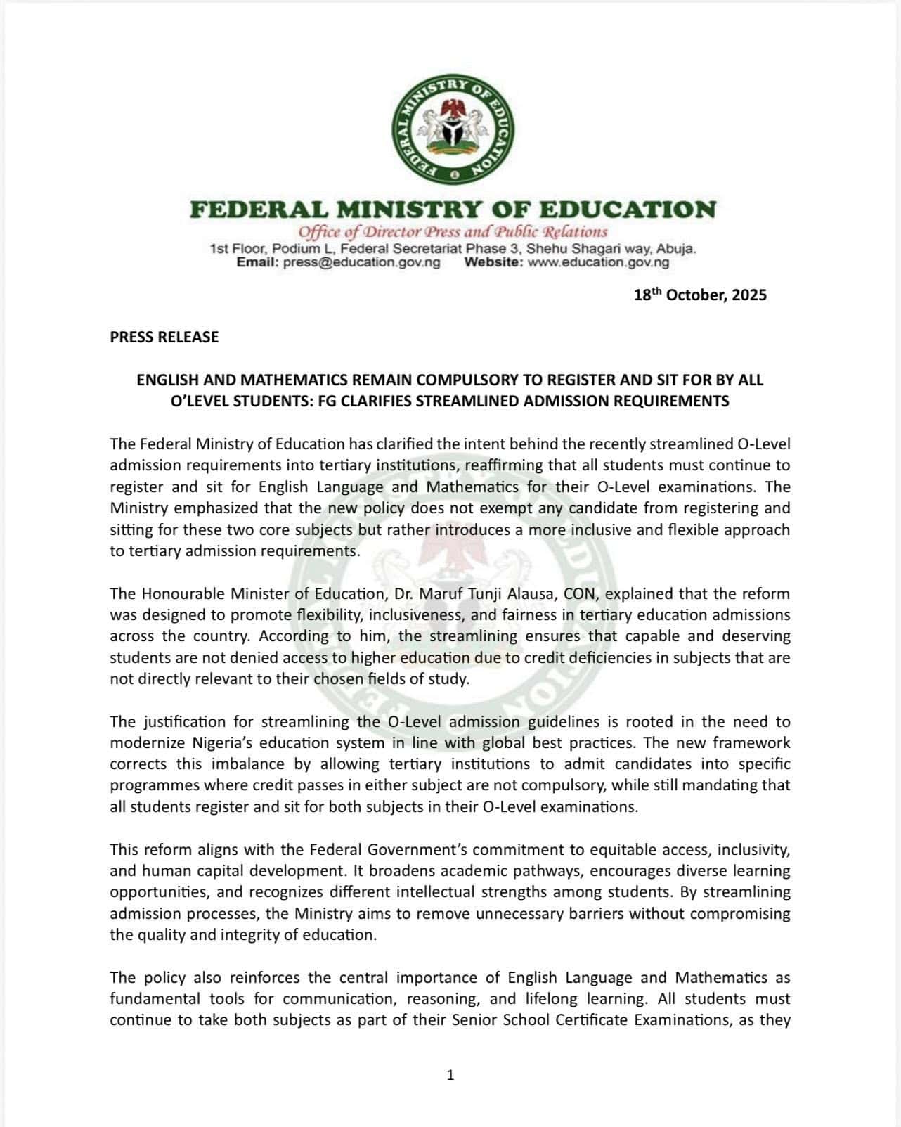 Federal Ministry of Education confirms English and Maths requirement