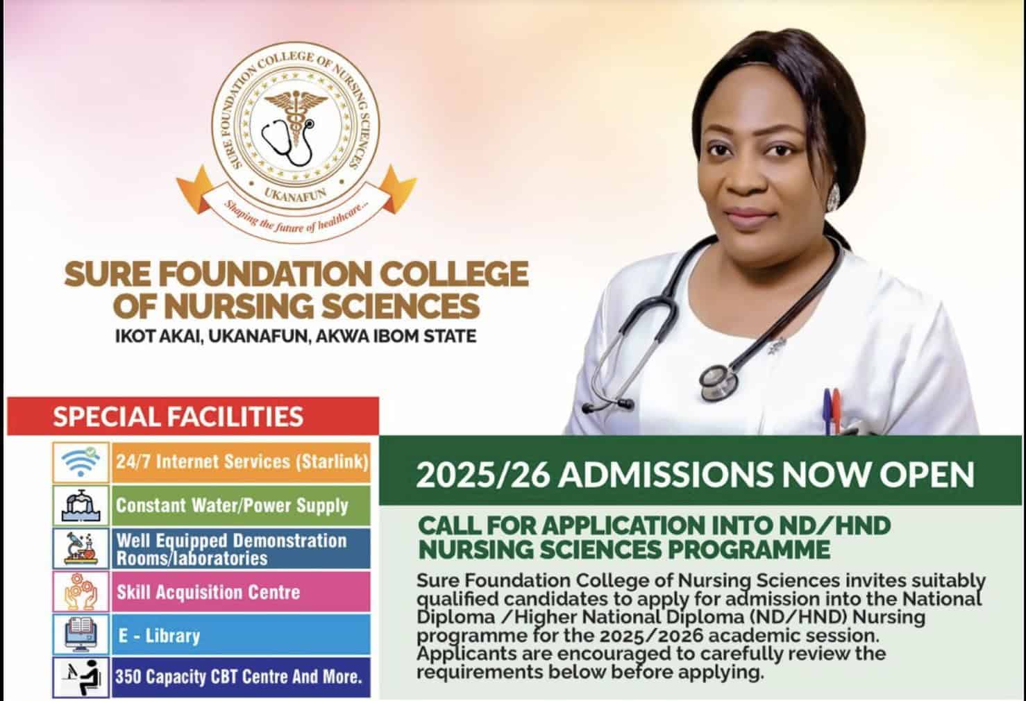 Sure Foundation College of Nursing Sciences Post UTME Form 2025/2026
