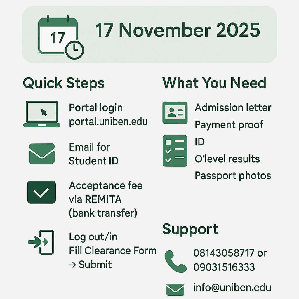 University of Benin (UNIBEN) Extends Acceptance Deadline for 2025/2026 admission