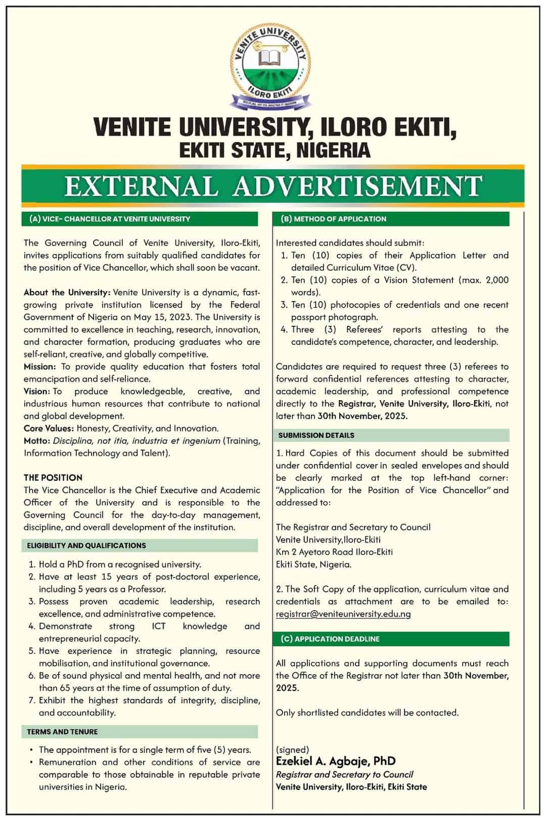 Venite University Vice-Chancellor Vacancy 2025