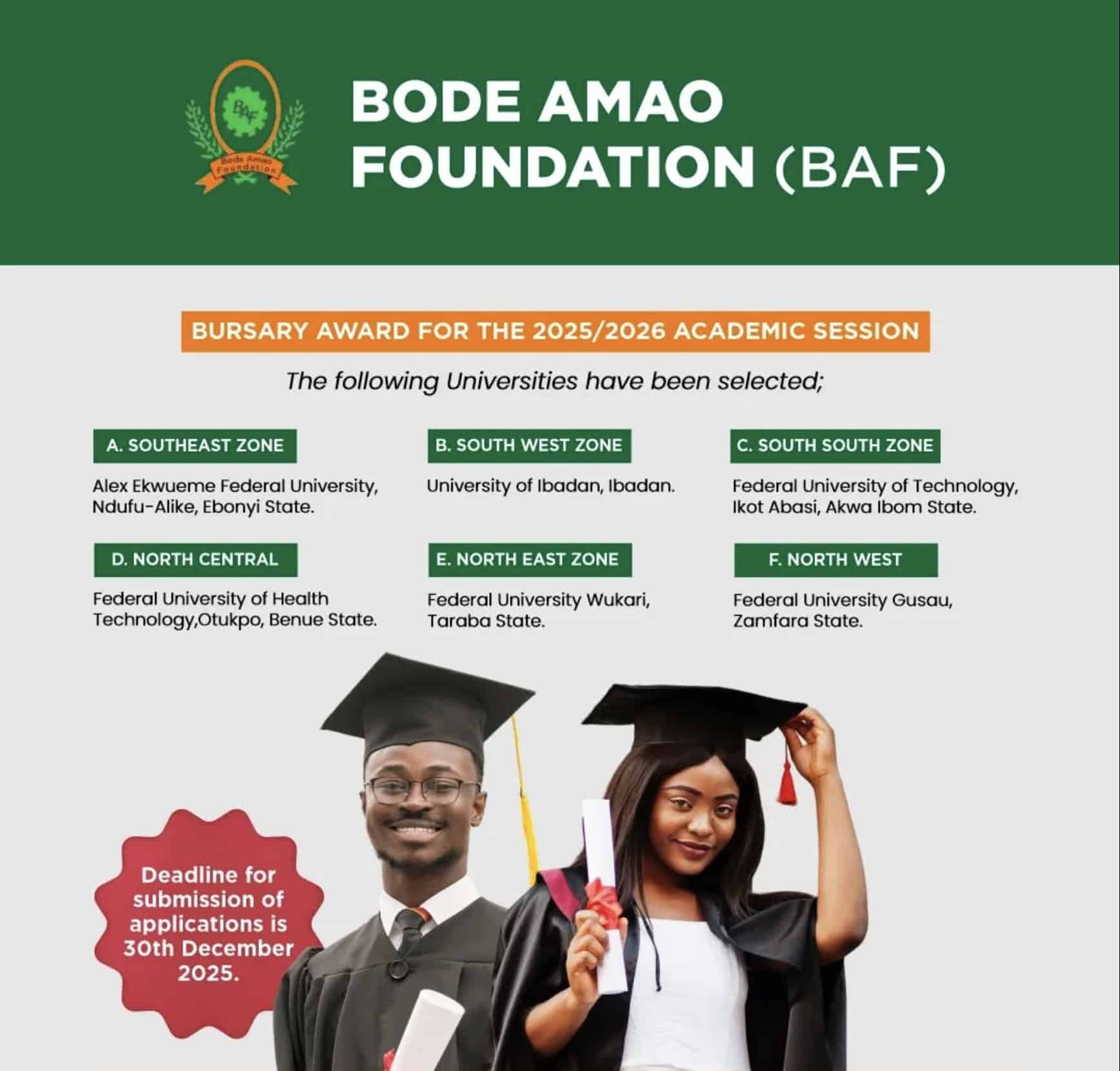 Bode Amao Foundation (BAF) bursary award 2025/2026 for indigent Nigerian undergraduates