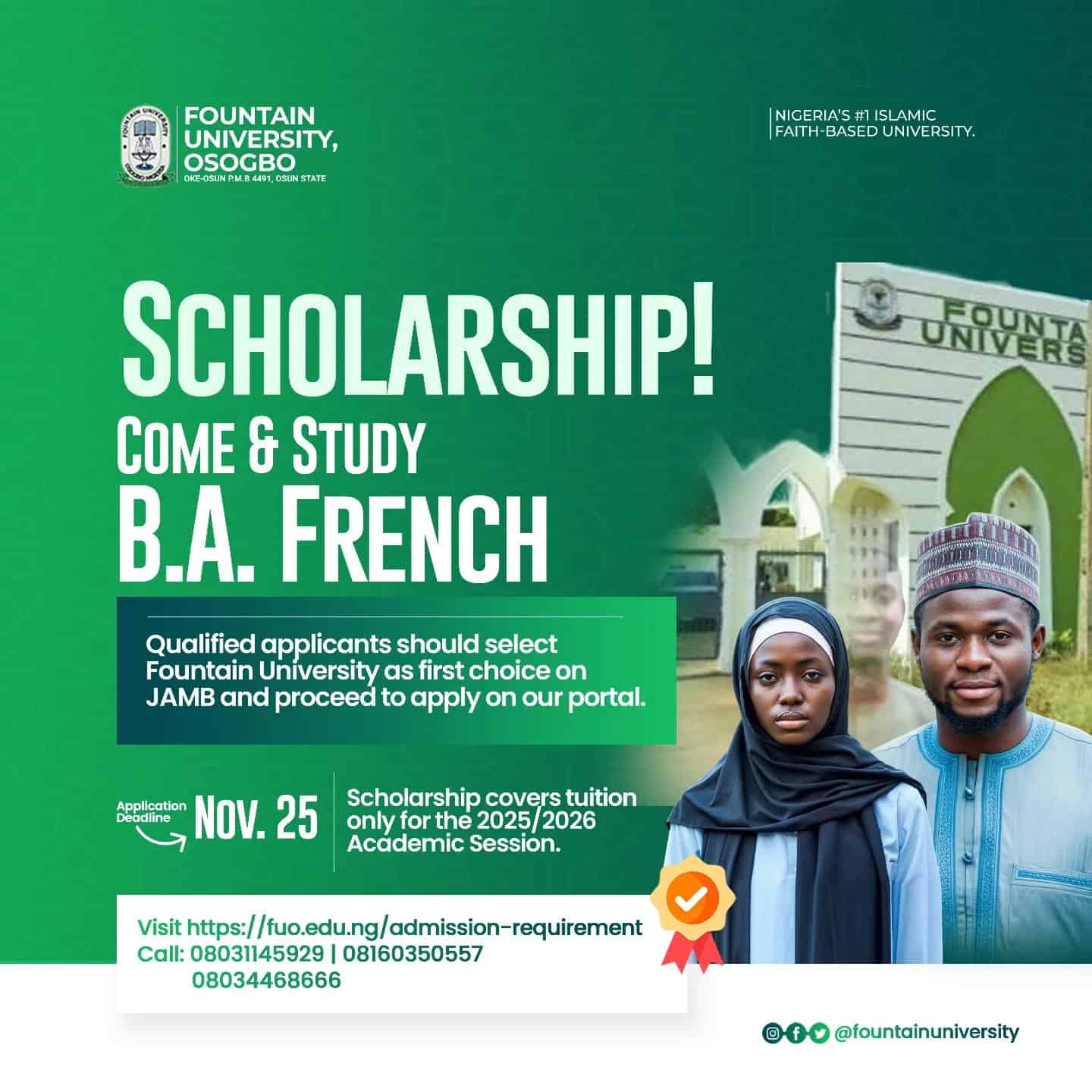 Full details of the B.A. French tuition-free scholarship at Fountain University for 2025/2026