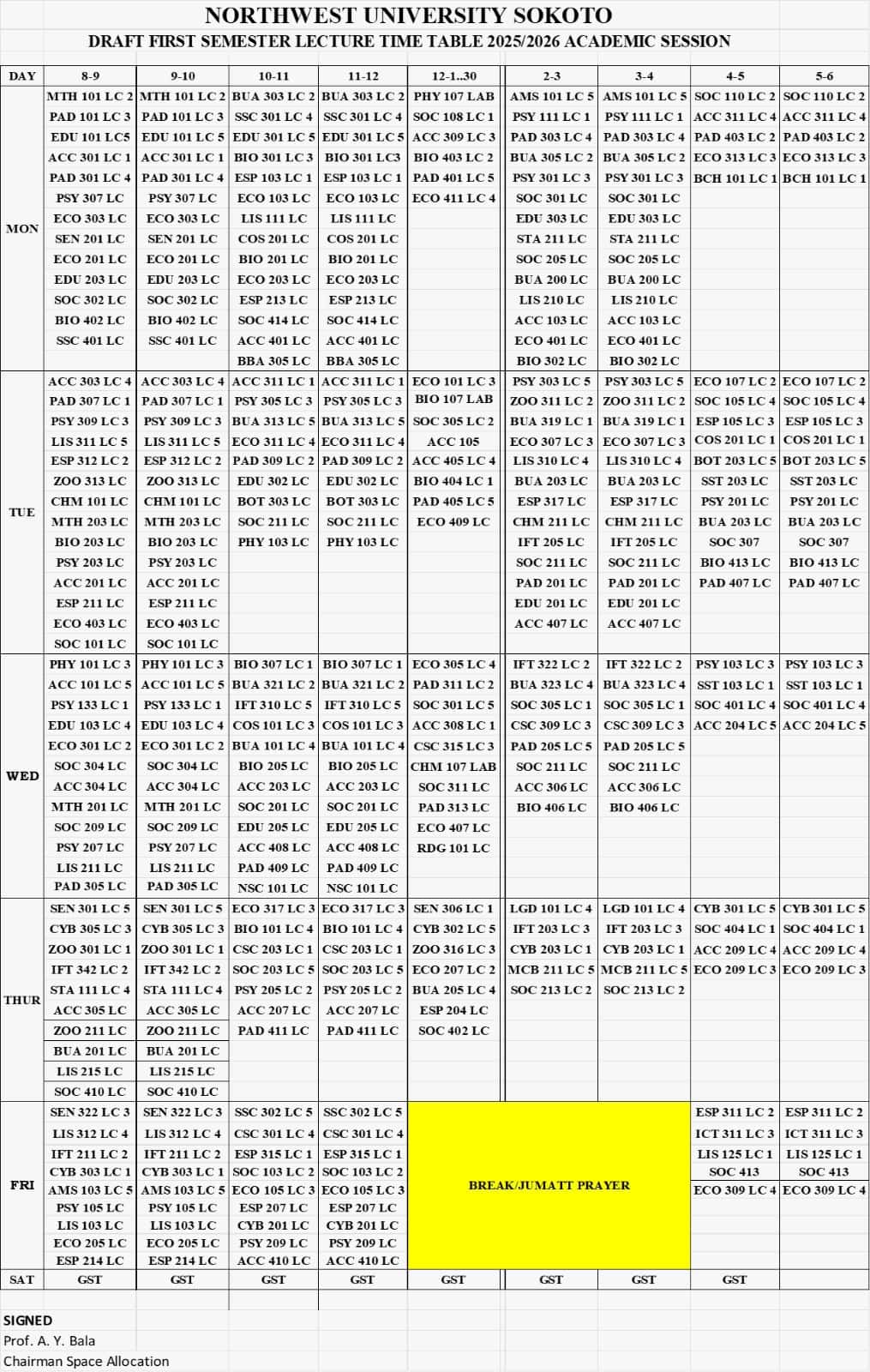 Northwest University Sokoto (NWUS) First Semester Lecture Time Table 2025:2026