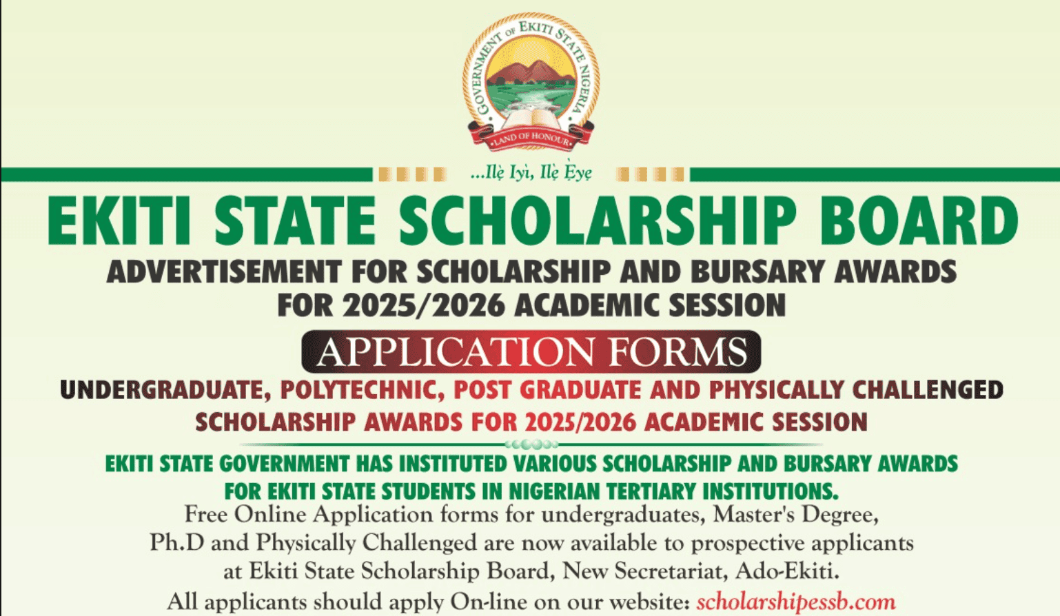 Ekiti State Scholarship Board Scholarship and Bursary Awards for 2025/2026