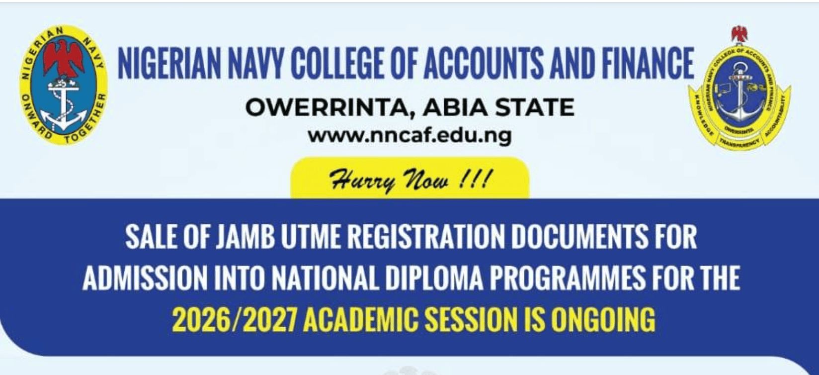 Nigerian Navy College of Accounts and Finance ND Admission 2026/2027 (JAMB UTME)