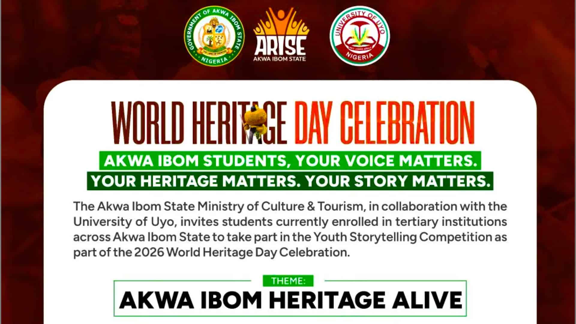 Akwa Ibom World Heritage Day 2026 competition for tertiary students