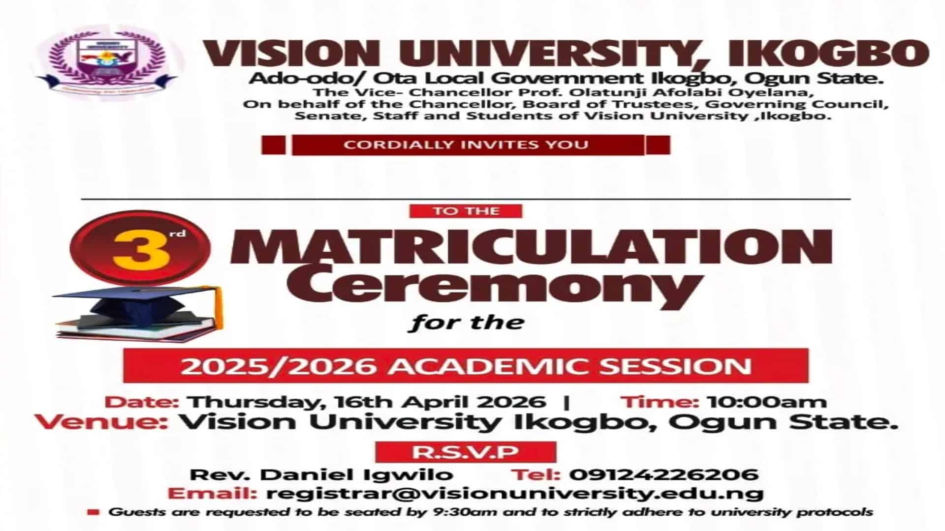 Vision University 3rd matriculation ceremony date for 2025/2026 students