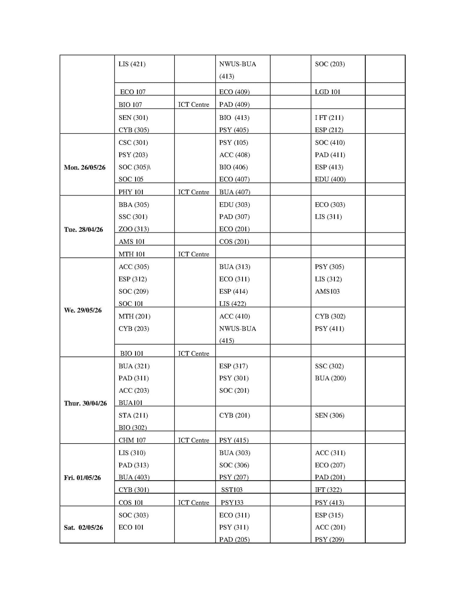Northwest University Sokoto (NWUS) First Semester Exam Timetable, 2025-2026 2